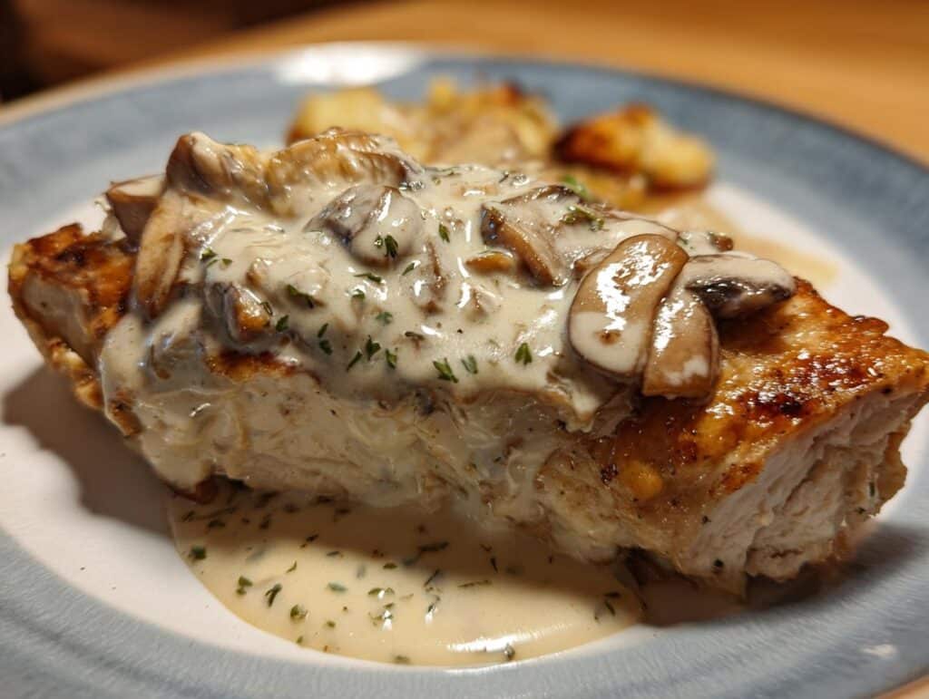 Cream Cheese Chicken with mushrooms and a creamy sauce, served on a plate.