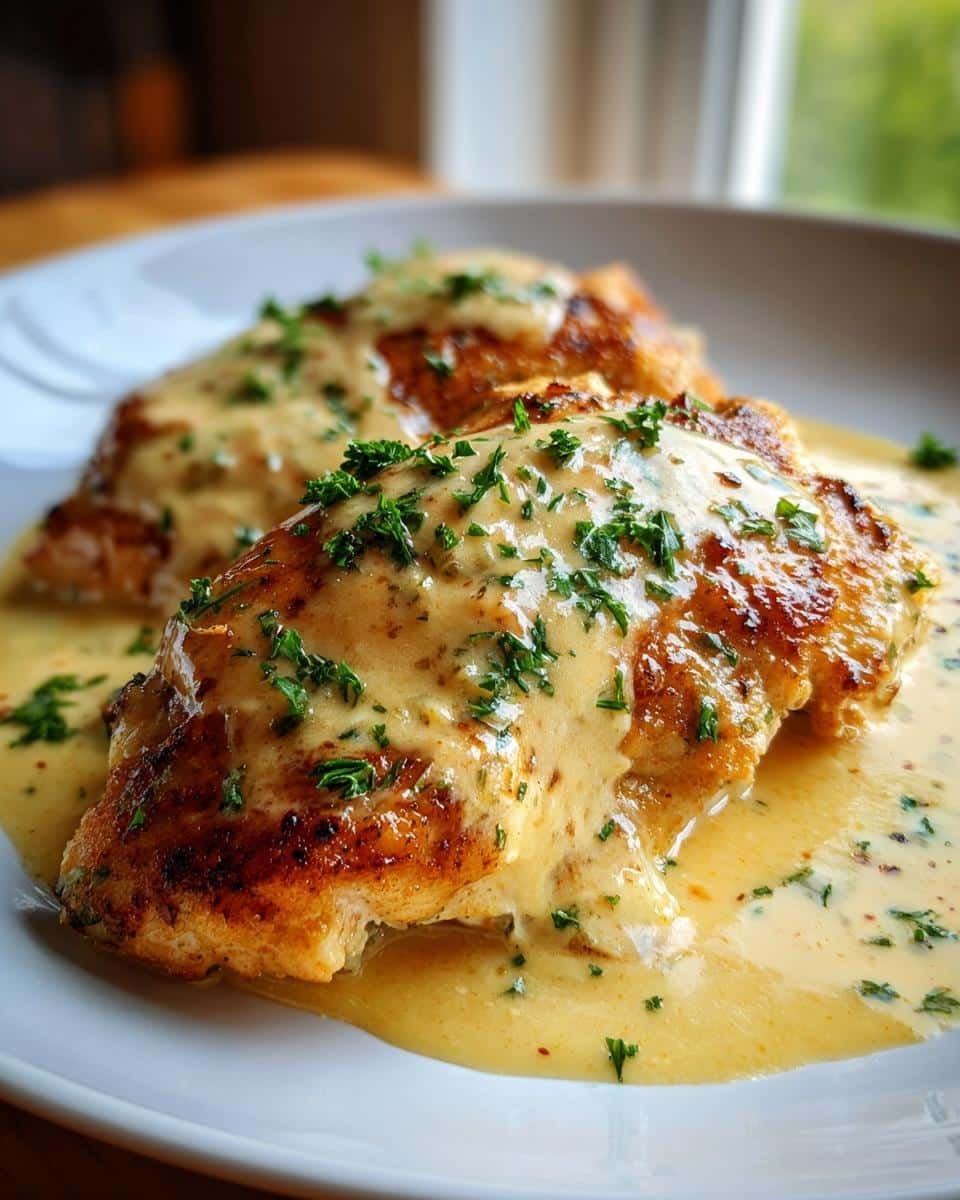 Disgustingly Easy 6-Ingredient Cream Cheese Chicken 6 Two pieces of cream cheese chicken covered in a creamy sauce and garnished with fresh herbs on a white plate.