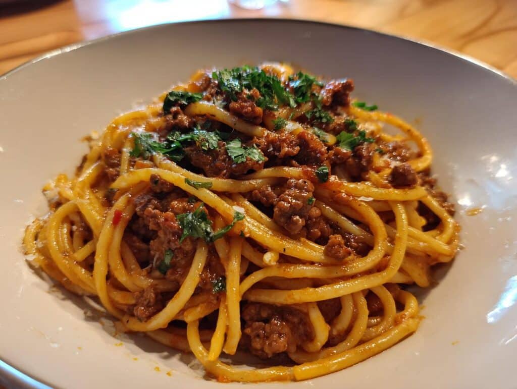 A bowl of Creamy Beef Pasta, topped with fresh parsley. Ready to eat!