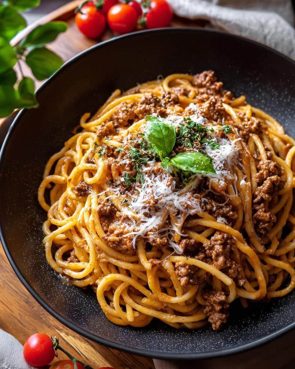 Disgustingly Easy Creamy Beef Pasta in 40 Minutes 6 Overhead shot of Creamy Beef Pasta in a black bowl, topped with cheese and herbs. Ready to eat.