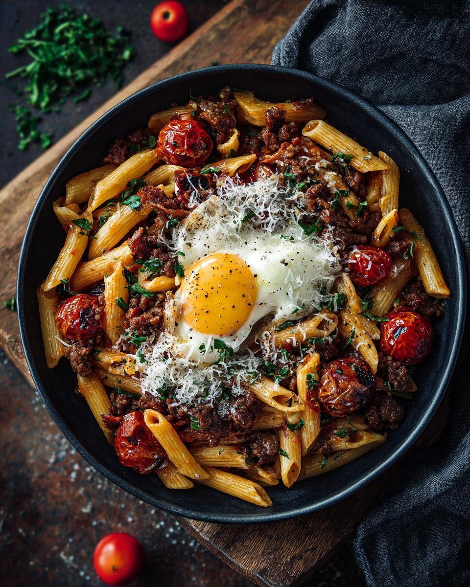 Disgustingly Easy Creamy Beef Pasta in 40 Minutes 8 Overhead shot of creamy beef pasta in a bowl, topped with a fried egg, tomatoes, and parmesan.