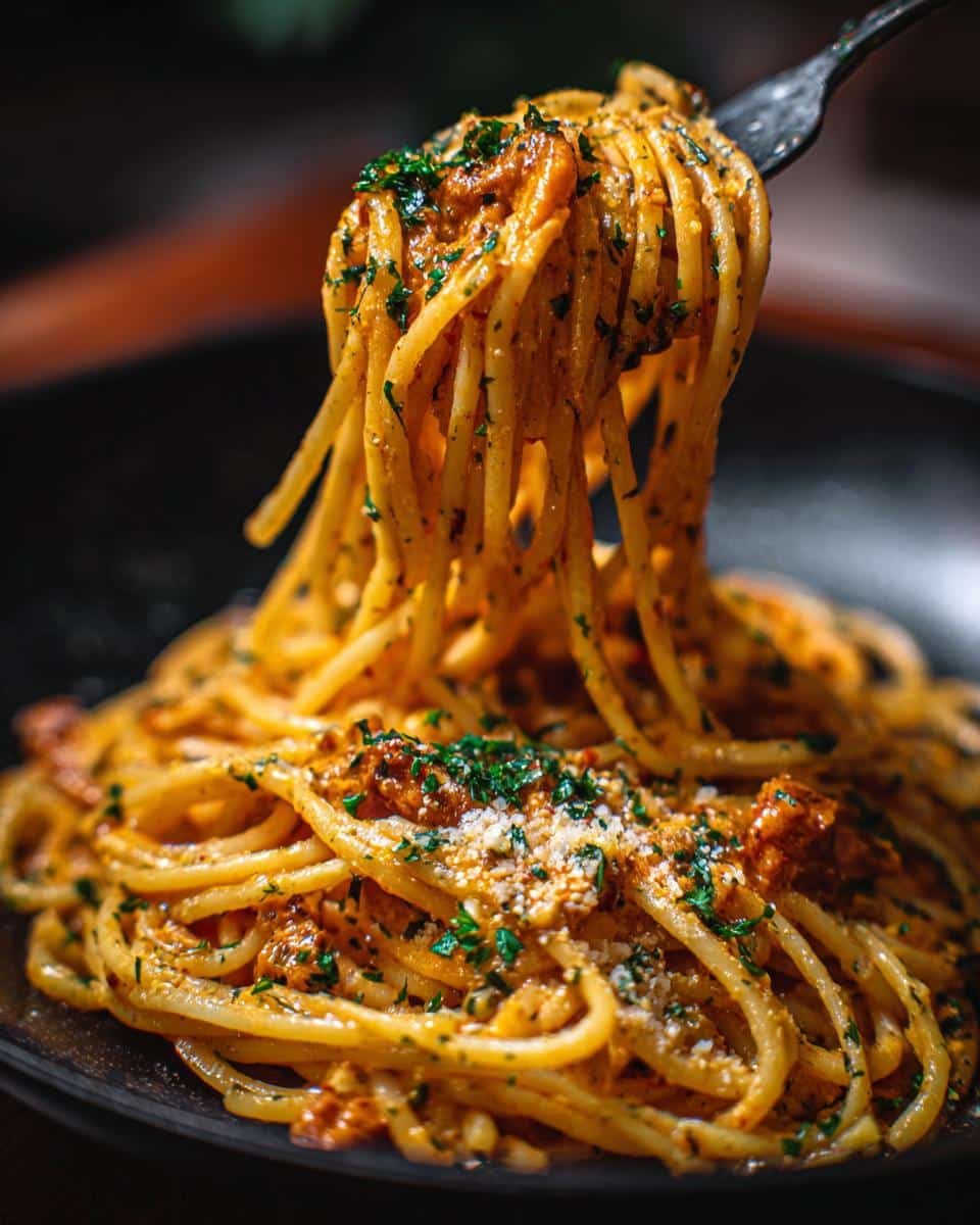 Disgustingly Easy Creamy Beef Pasta in 40 Minutes 9 Fork lifting a portion of creamy beef pasta, garnished with parsley and parmesan cheese.