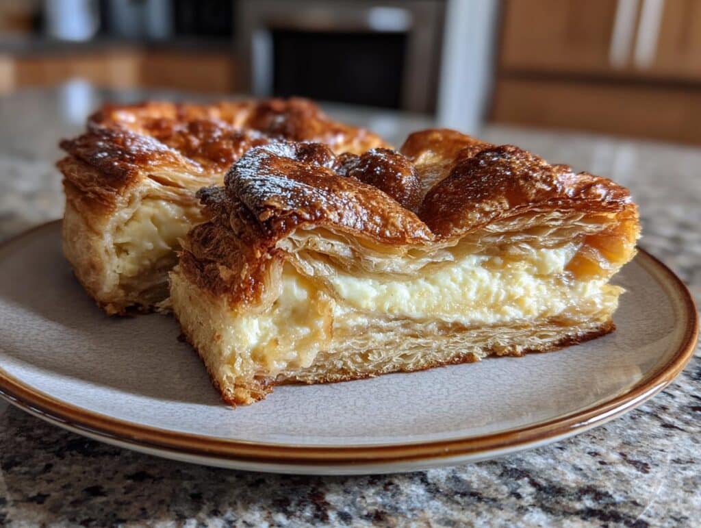 Two pieces of Decadent Creamy Cheesecake Danish with a Buttery Flaky Crust on a plate, showcasing the creamy filling.