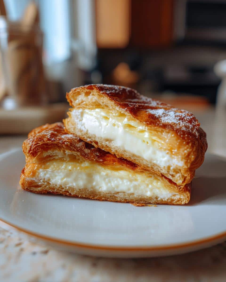Unbelievably Decadent Creamy Cheesecake Danish in 20 Minutes 7 Two halves of a Decadent Creamy Cheesecake Danish with a Buttery Flaky Crust stacked on a plate, dusted with powdered sugar.