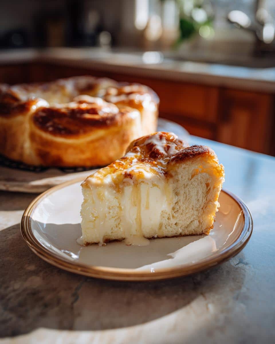 Unbelievably Decadent Creamy Cheesecake Danish in 20 Minutes 6 A slice of Decadent Creamy Cheesecake Danish with a buttery, flaky crust on a plate, with the rest of the danish in the background.