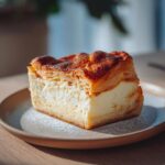 A slice of Decadent Creamy Cheesecake Danish with a Buttery Flaky Crust on a plate, dusted with powdered sugar.