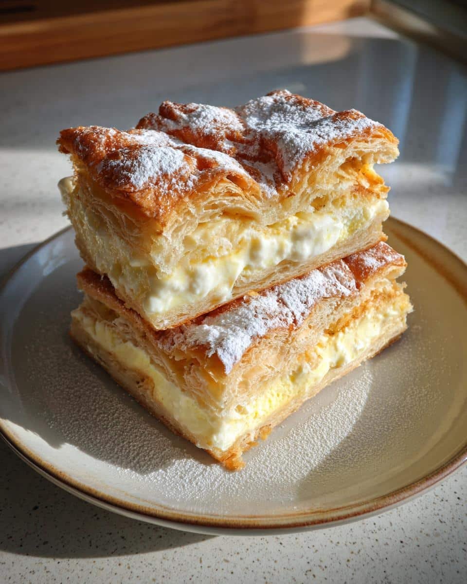 Unbelievably Decadent Creamy Cheesecake Danish in 20 Minutes 8 Two stacked pieces of Decadent Creamy Cheesecake Danish with a Buttery Flaky Crust, dusted with powdered sugar on a plate.