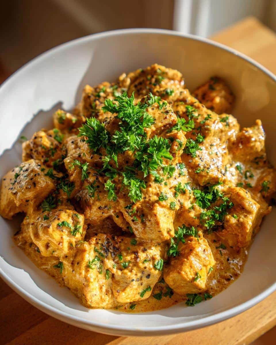 Disgustingly Good Creamy Garlic Chicken in Just 30 Min 8 Bowl of Creamy Garlic Chicken garnished with fresh parsley, ready to serve.