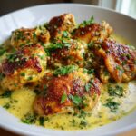 Close-up of Creamy Garlic Chicken pieces in a bowl with creamy sauce and parsley garnish.