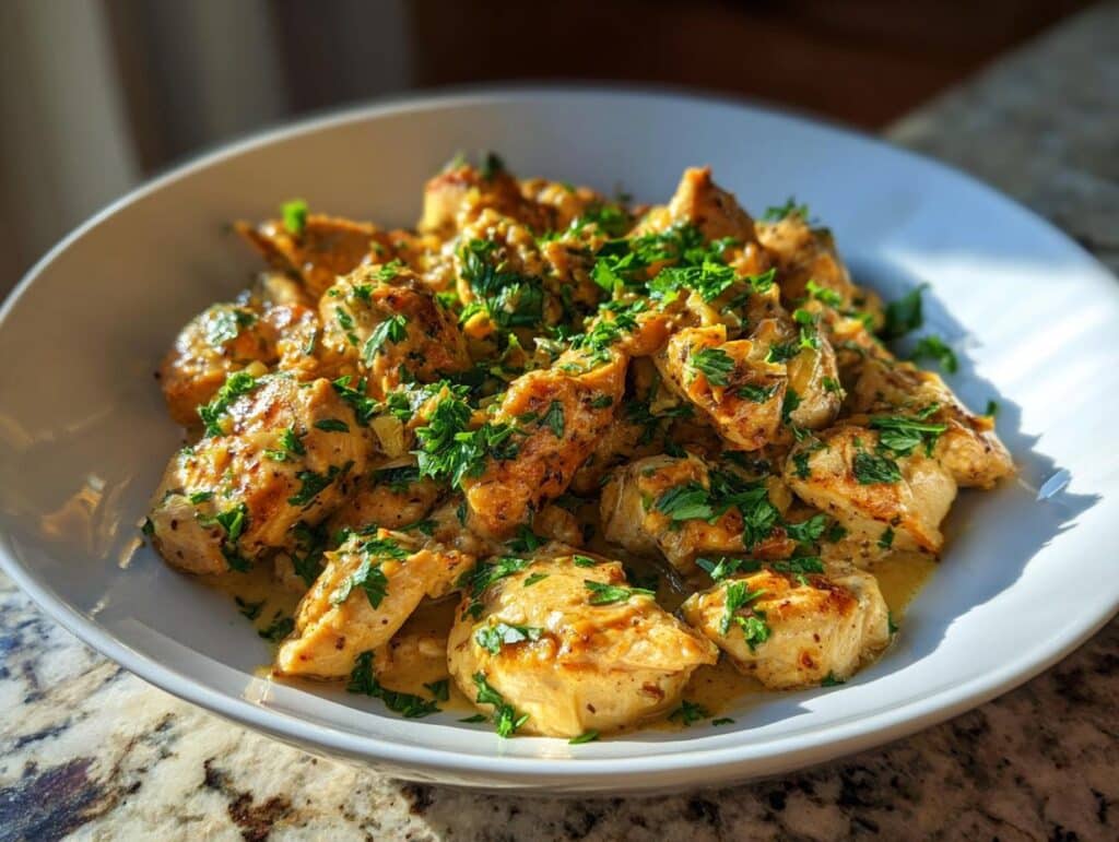 A bowl of Creamy Garlic Chicken, garnished with fresh parsley, ready to be served.
