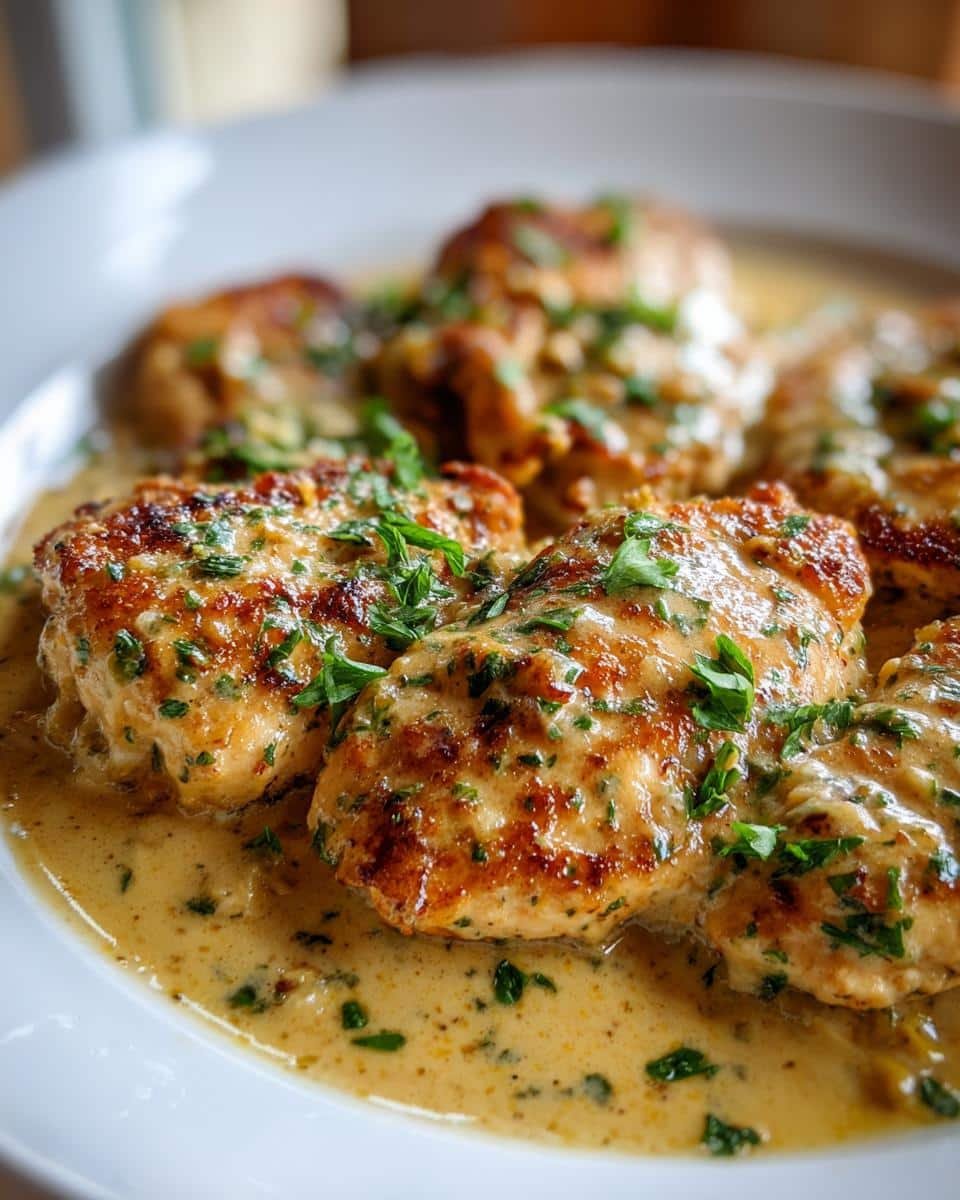 Disgustingly Good Creamy Garlic Chicken in Just 30 Min 9 Close-up of Creamy Garlic Chicken pieces on a white plate, garnished with fresh parsley.