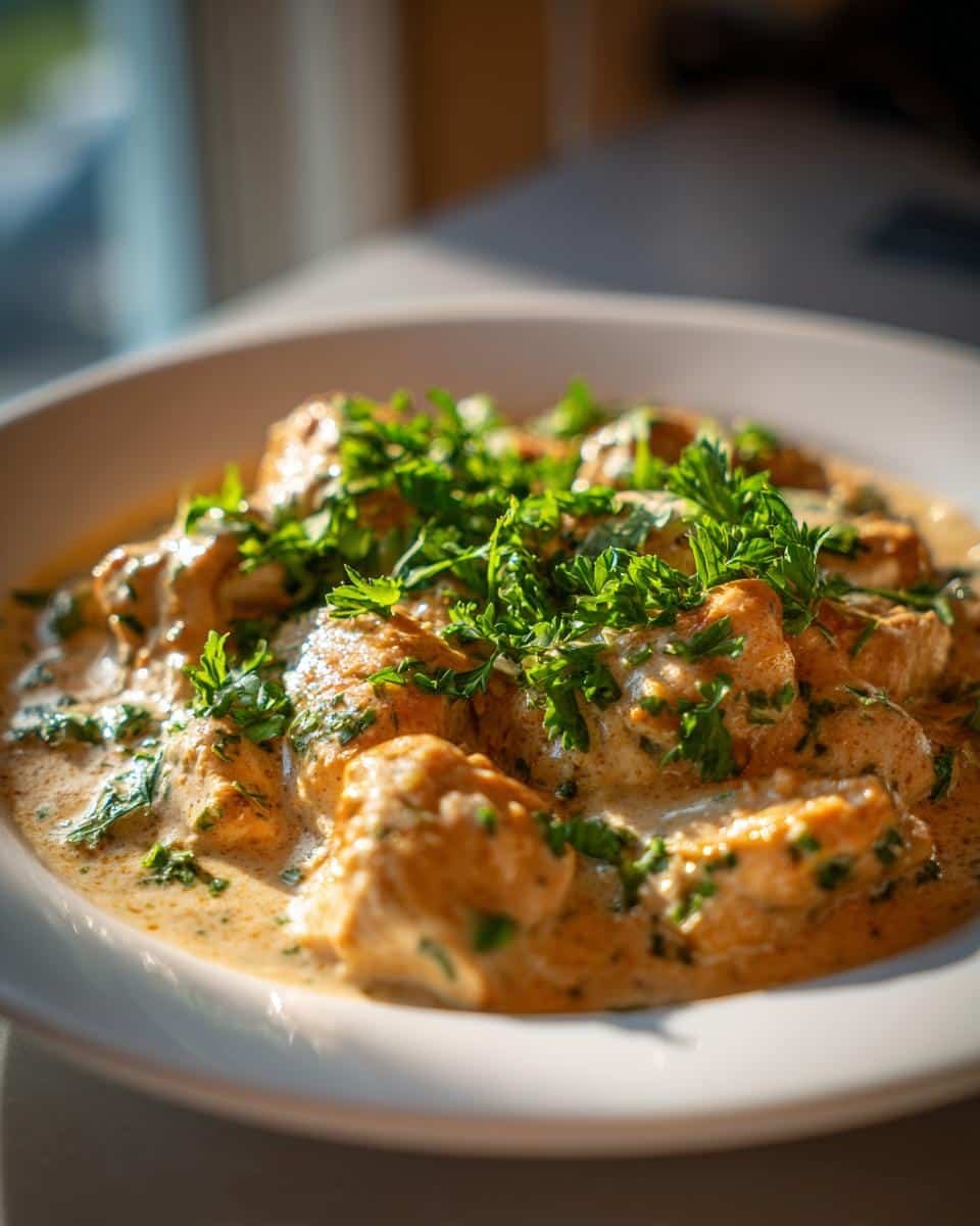 Disgustingly Good Creamy Garlic Chicken in Just 30 Min 6 Close-up of Creamy Garlic Chicken served on a white plate, garnished with fresh parsley.