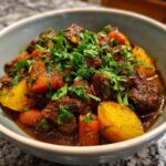 A bowl of Creamy German Goulash, featuring tender beef, potatoes, carrots, and fresh parsley garnish.