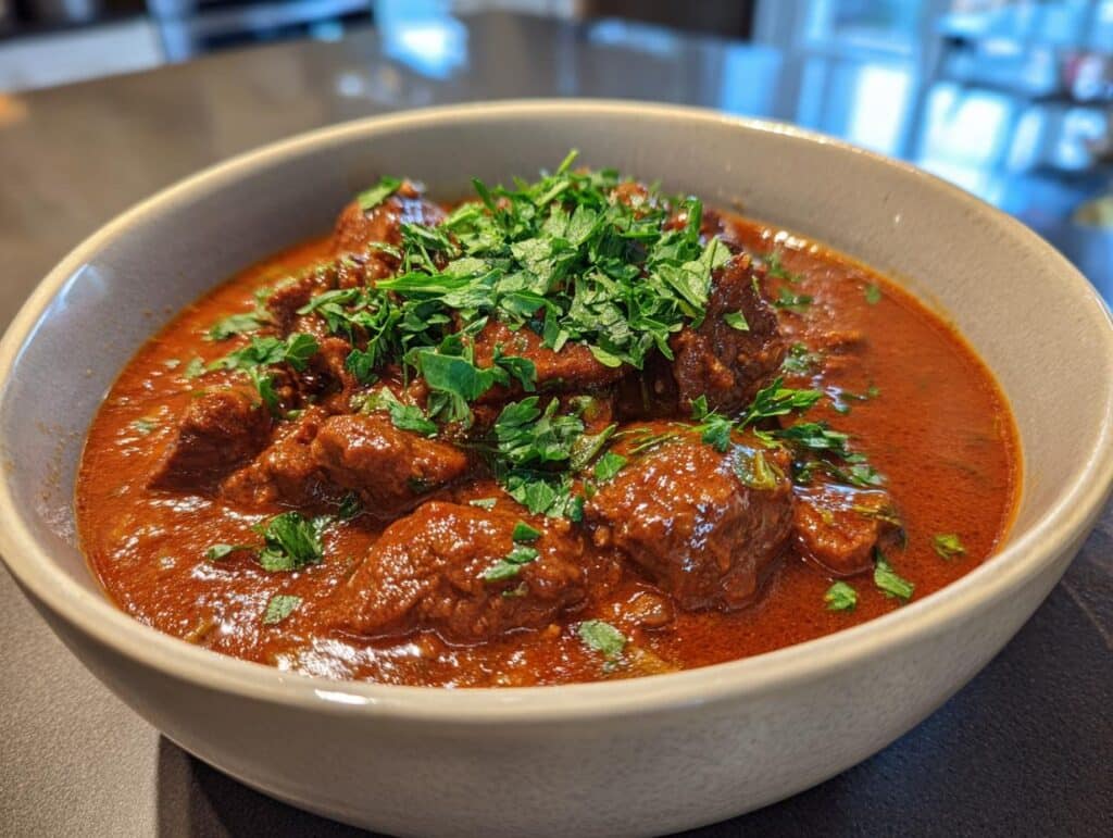 A bowl of Creamy German Goulash, garnished with fresh parsley, ready to be served.