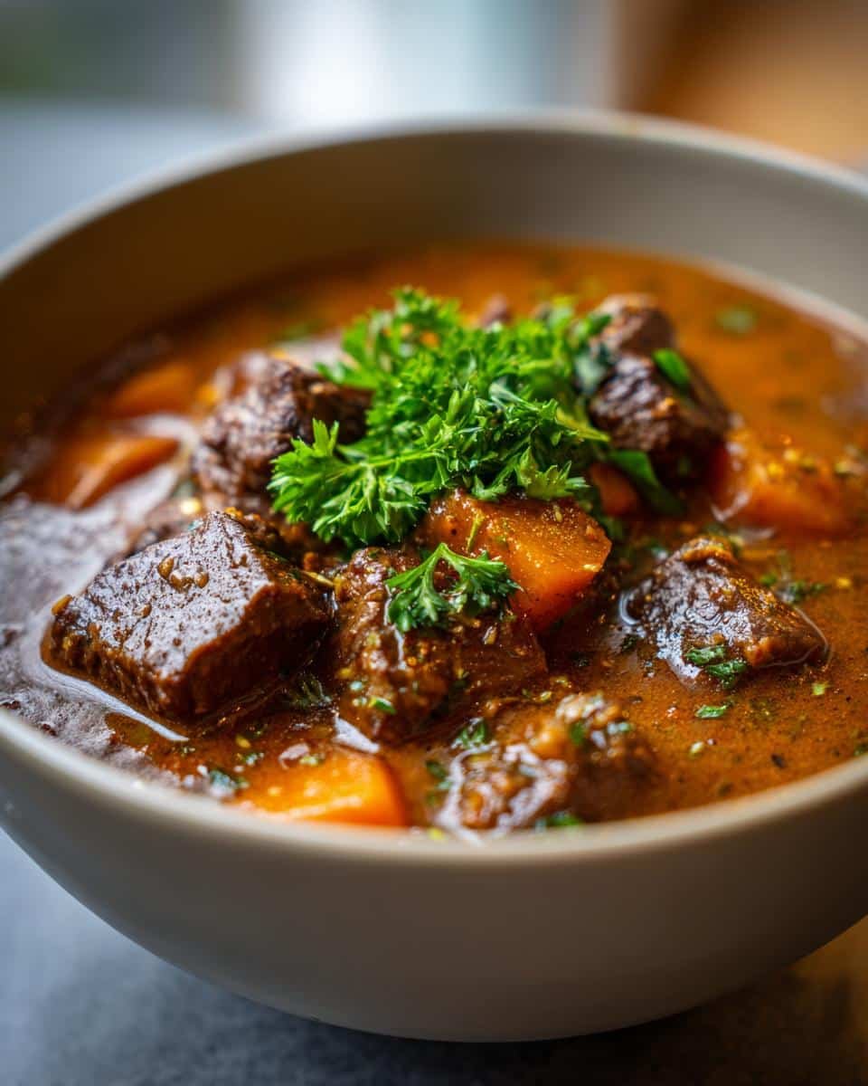 Creamy German Goulash: Bold Flavor in Just 2 Hours 6 Close-up of Creamy German Goulash in a bowl, garnished with fresh parsley. Rich, flavorful stew.