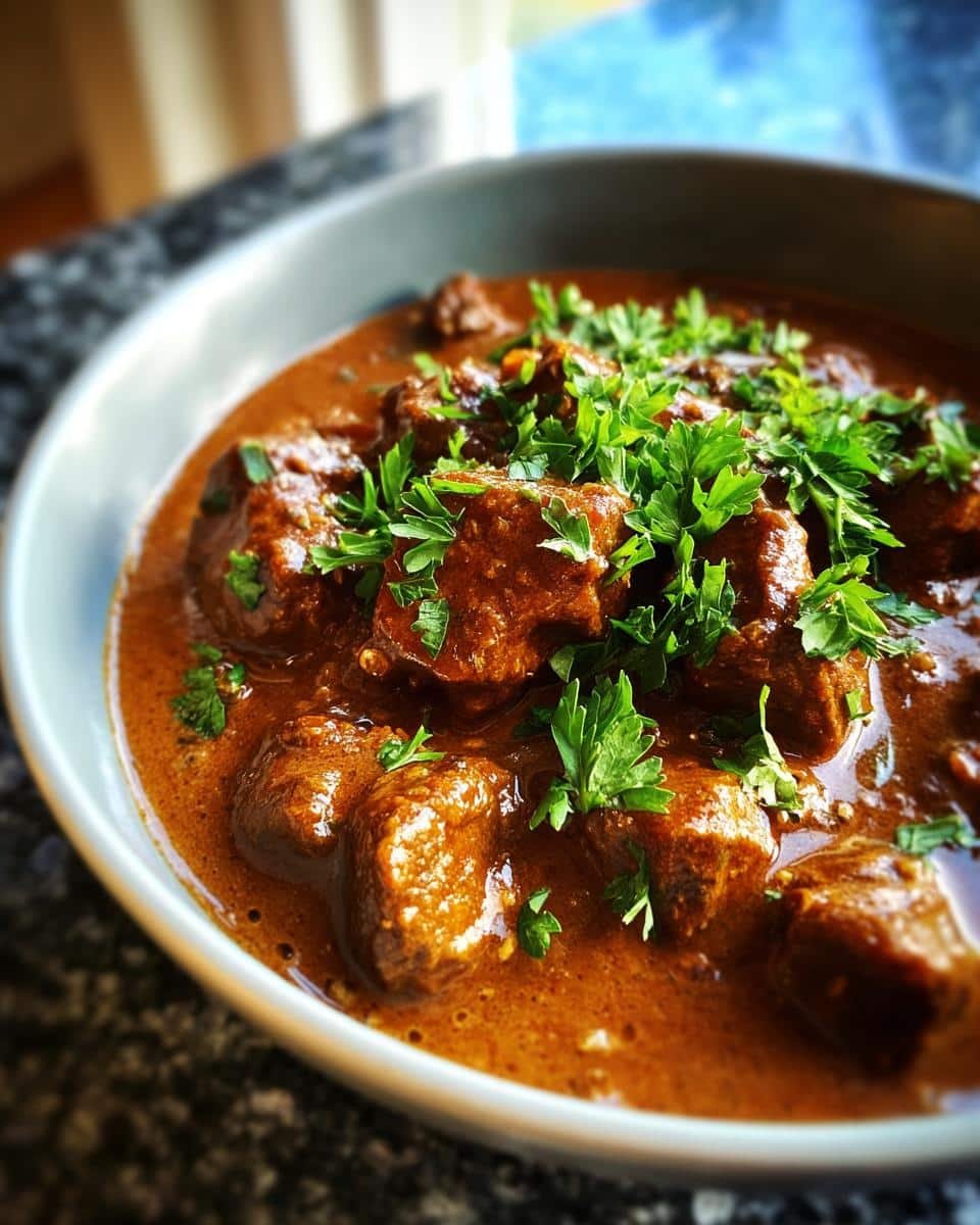 Creamy German Goulash: Bold Flavor in Just 2 Hours 7 Close-up of a bowl of Creamy German Goulash, garnished with fresh parsley.