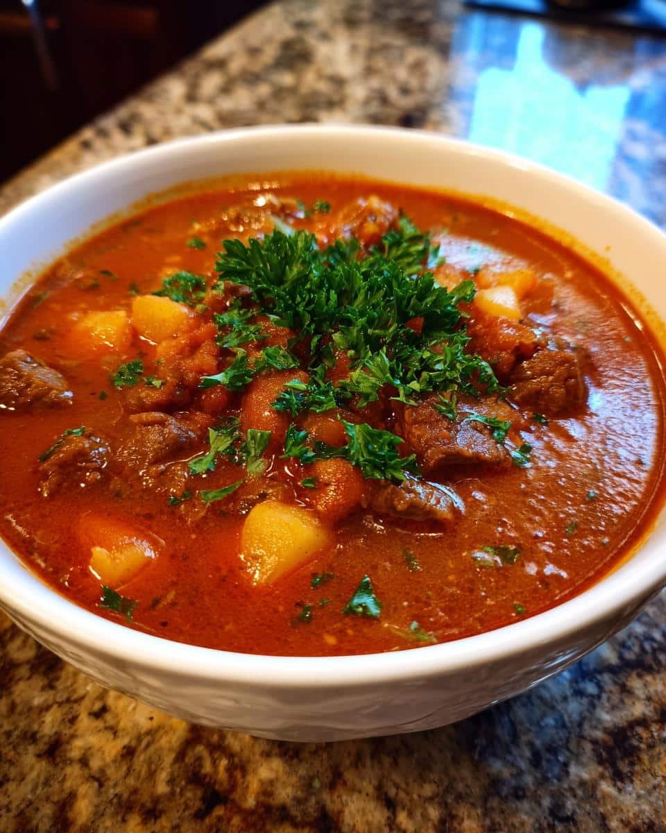 Creamy German Goulash: Bold Flavor in Just 2 Hours 8 A bowl of Creamy German Goulash, garnished with fresh parsley, showing chunks of meat and potatoes in a rich, red broth.