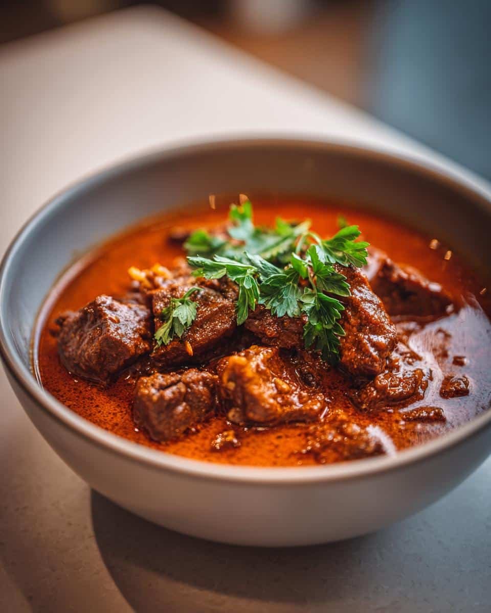 Creamy German Goulash: Bold Flavor in Just 2 Hours 9 A bowl of Creamy German Goulash, garnished with fresh parsley, ready to be served.