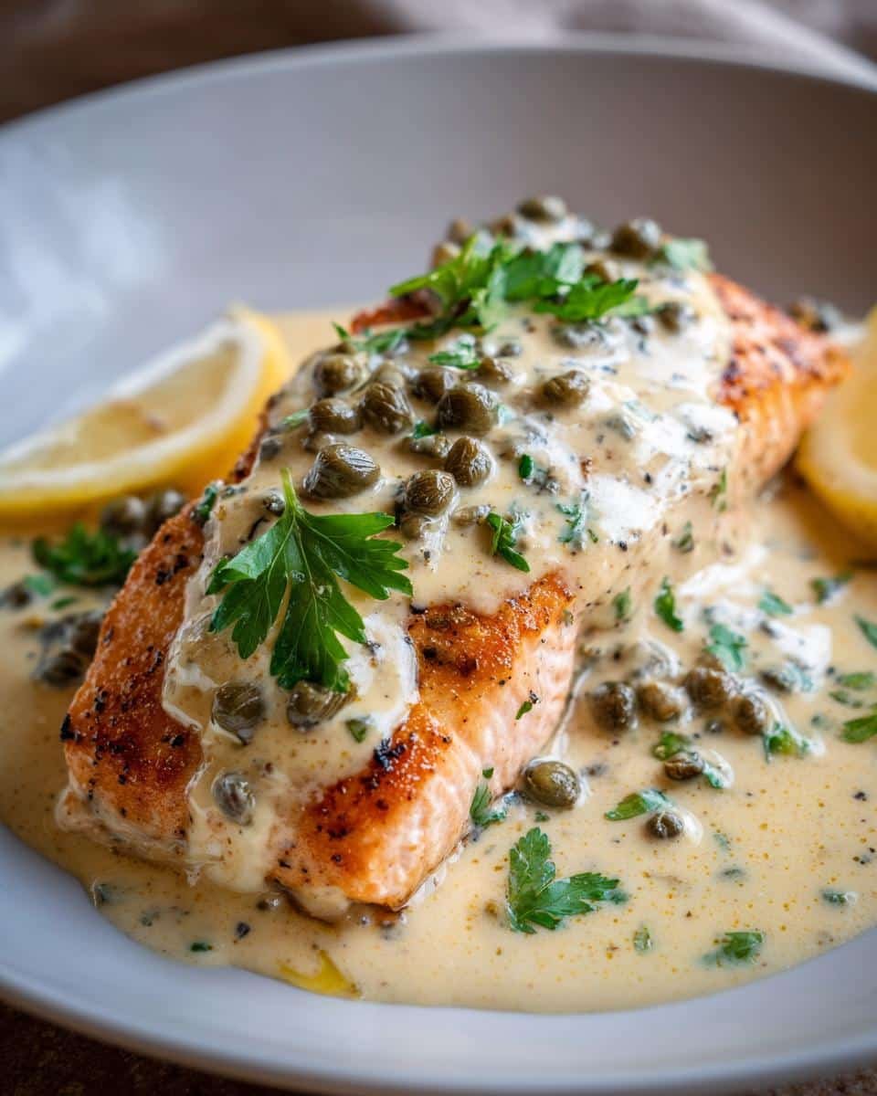 Creamy Lemon Salmon Piccata: Foolproof 30-Minute Dish 7 A perfectly cooked salmon fillet topped with creamy lemon sauce, capers, and parsley. Creamy Lemon Salmon Piccata.