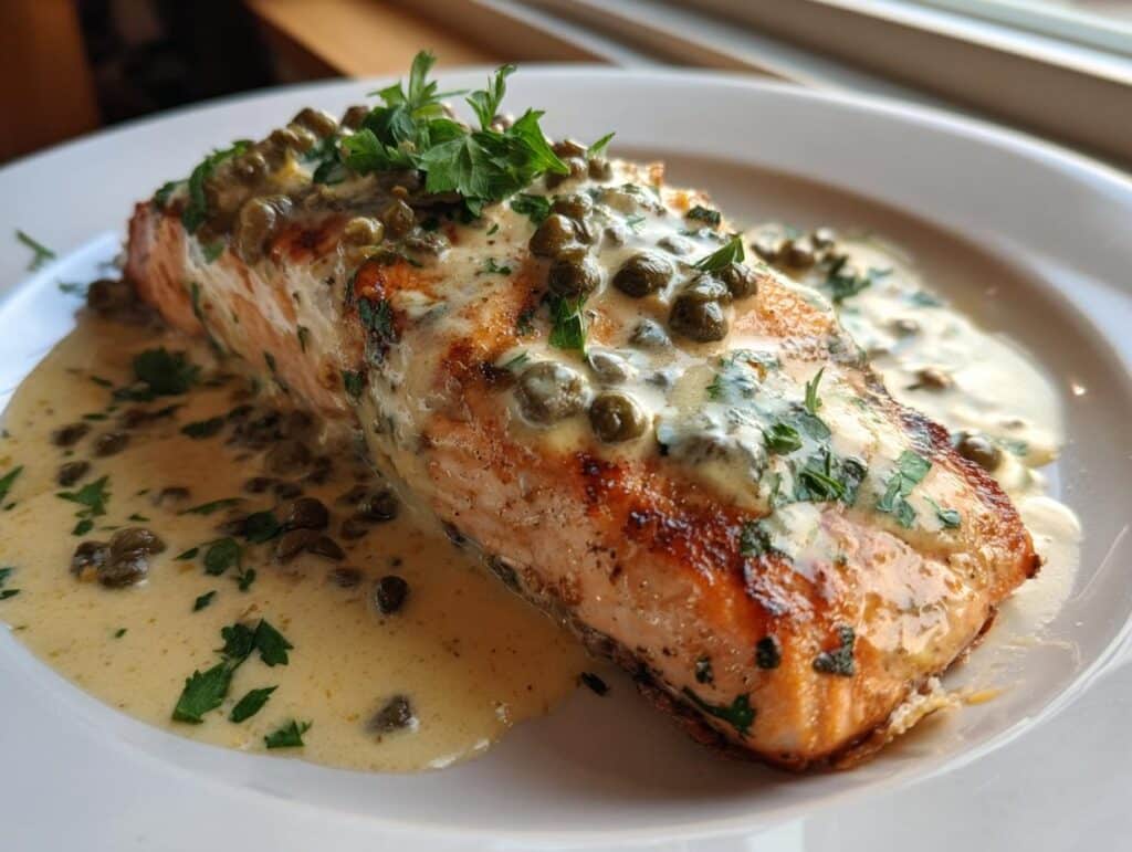 A perfectly plated Creamy Lemon Salmon Piccata dish, garnished with fresh parsley and capers.