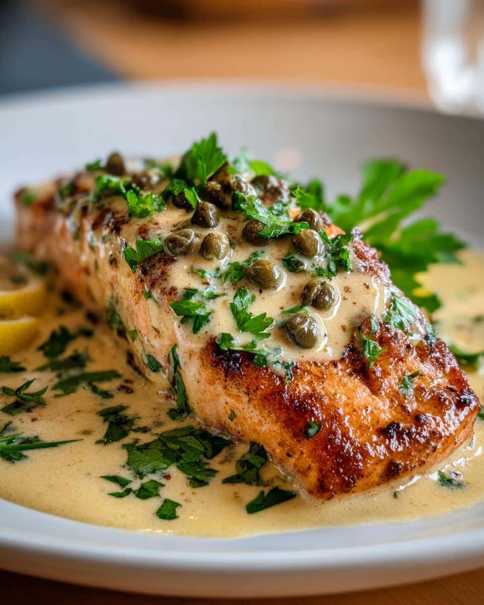 Creamy Lemon Salmon Piccata: Foolproof 30-Minute Dish 8 A perfectly seared salmon fillet topped with creamy lemon sauce, capers, and parsley, showcasing Creamy Lemon Salmon Piccata.