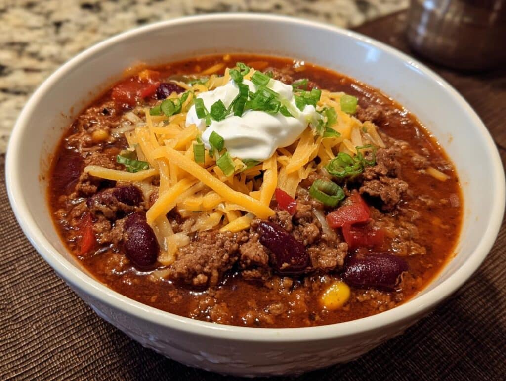 Bowl of Creamy Mexican Champurrado Recipe, topped with cheese, sour cream, and scallions.