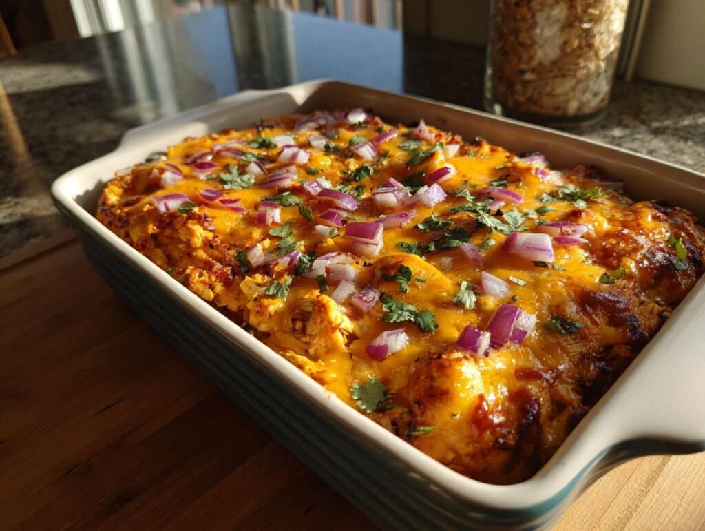 Baked Creamy Mexican Street Corn in a Cup casserole topped with cheese, red onions, and cilantro.