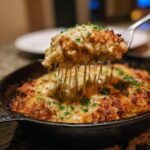 A fork lifts a piece of Creamy Oven Baked Chicken with a cheesy pull, garnished with herbs.