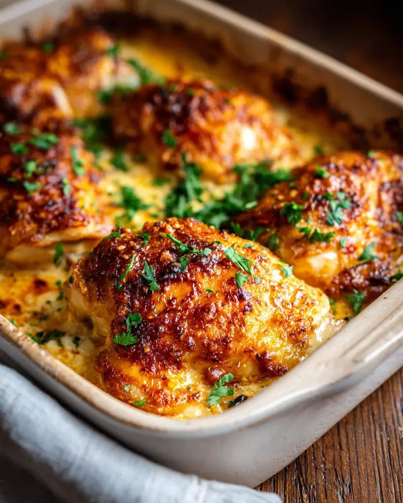 Disgustingly Easy Creamy Oven Baked Chicken in 25 Minutes 8 Close-up of Creamy Oven Baked Chicken in a baking dish, garnished with fresh parsley.