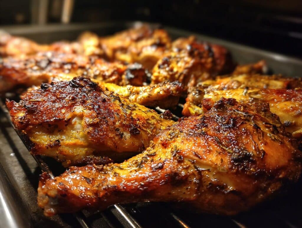 Close-up of Creamy Oven Baked Chicken drumsticks with crispy skin on a baking sheet.