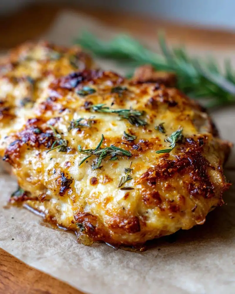 Disgustingly Easy Creamy Oven Baked Chicken in 25 Minutes 7 Close-up of Creamy Oven Baked Chicken garnished with fresh rosemary, showcasing its golden-brown crust.