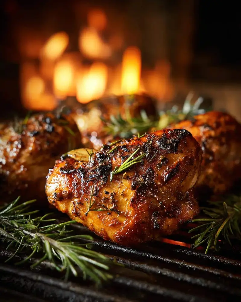 Disgustingly Easy Creamy Oven Baked Chicken in 25 Minutes 6 Close-up of Creamy Oven Baked Chicken garnished with fresh rosemary on a grill, ready to serve.