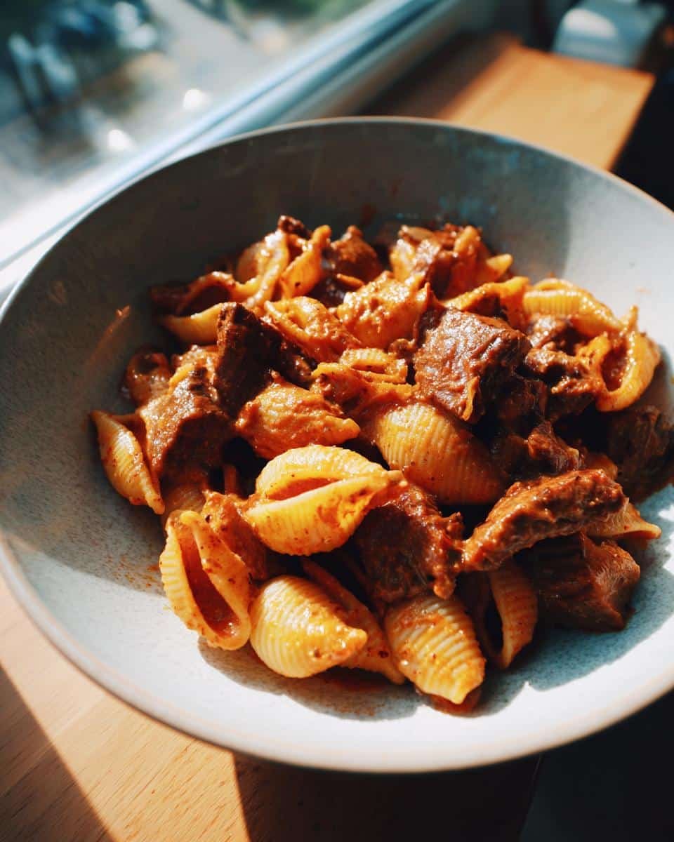 Devour Creamy Paprika Steak Shells in a Bowl in 35 Mins 6 A bowl of Creamy Paprika Steak Shells, featuring pasta shells and tender steak in a rich, creamy paprika sauce.
