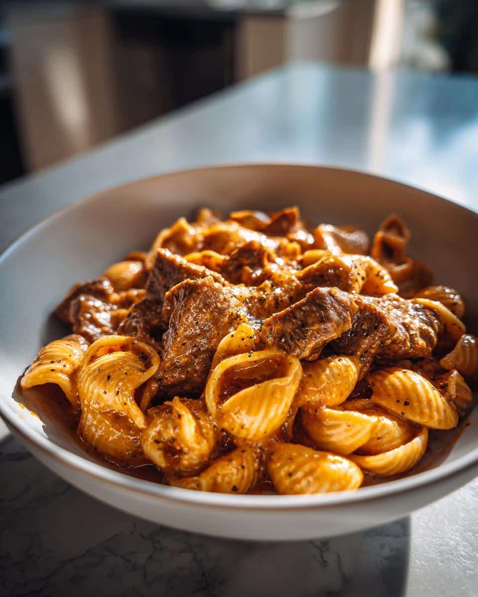 Devour Creamy Paprika Steak Shells in a Bowl in 35 Mins 7 A bowl of Creamy Paprika Steak Shells, featuring pasta shells and steak in a creamy paprika sauce.