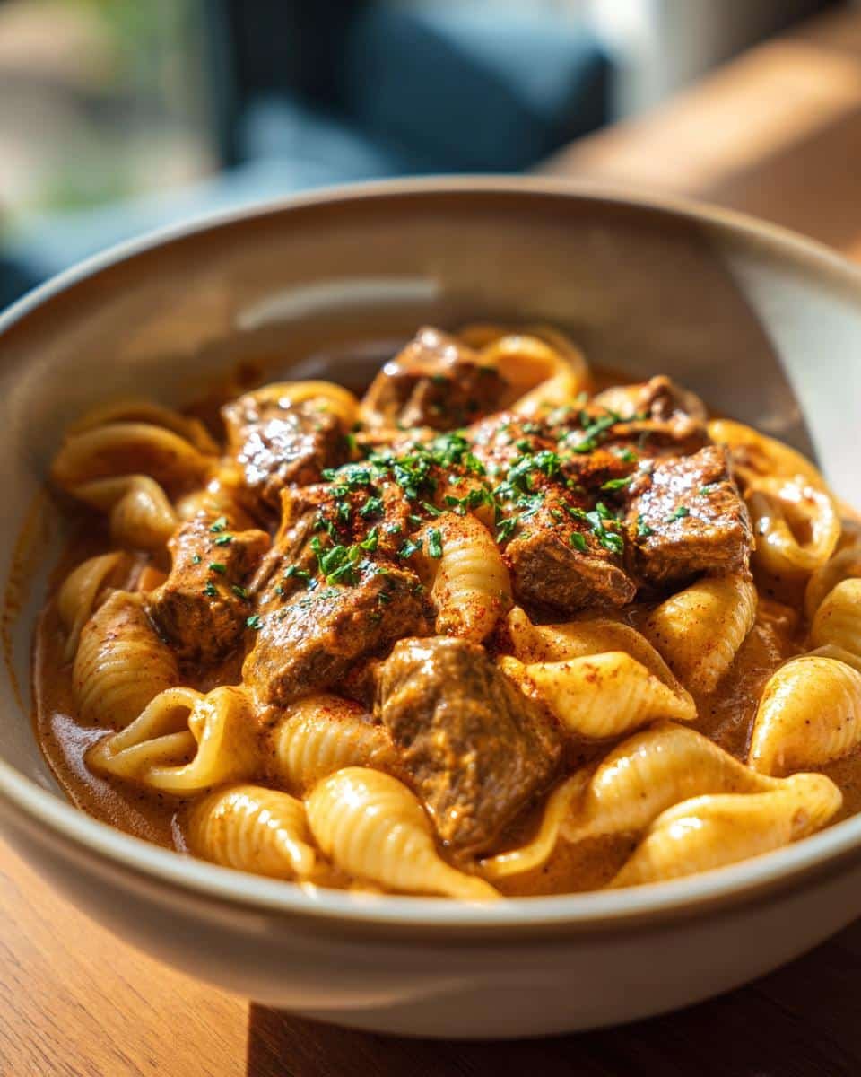 Devour Creamy Paprika Steak Shells in a Bowl in 35 Mins 8 Bowl of creamy paprika steak shells, garnished with herbs and paprika, ready to eat.