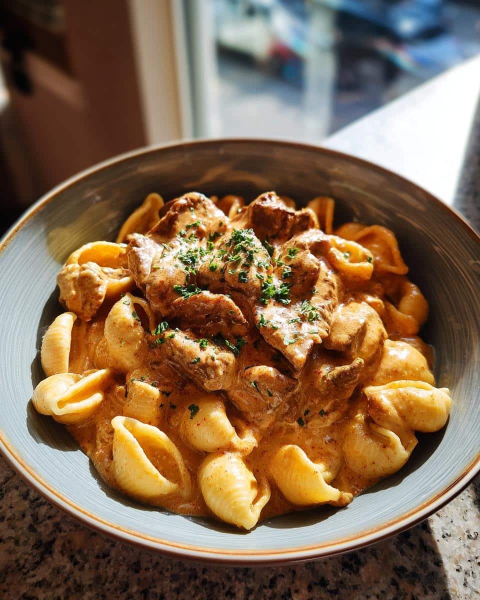 Devour Creamy Paprika Steak Shells in a Bowl in 35 Mins 9 A bowl of Creamy Paprika Steak Shells, featuring pasta shells, tender steak, and a rich, creamy paprika sauce.