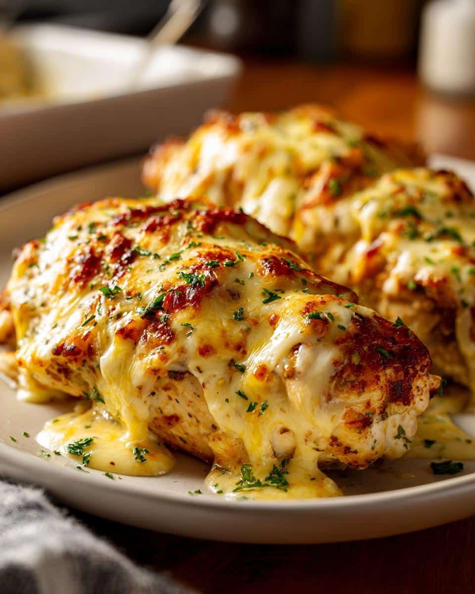 Creamy Ranch Chicken Recipe: 4-Ingredient Dinner Win 9 Three Creamy Ranch Chicken breasts on a plate, topped with melted cheese and herbs.