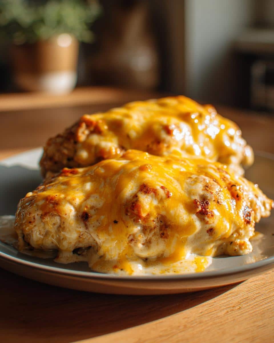 Creamy Ranch Chicken Recipe: 4-Ingredient Dinner Win 7 Two pieces of Creamy Ranch Chicken topped with melted cheddar cheese on a plate.