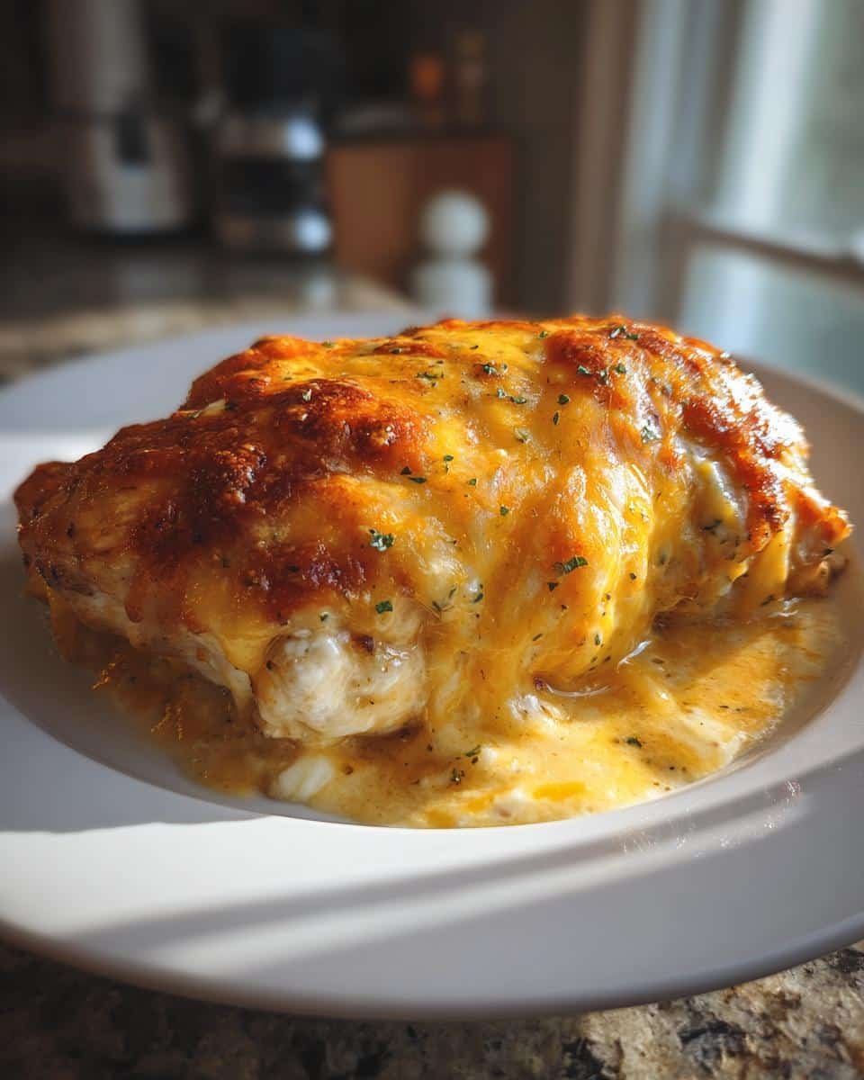 Creamy Ranch Chicken Recipe: 4-Ingredient Dinner Win 8 A single serving of Creamy Ranch Chicken Recipe on a white plate, featuring melted cheese and ranch sauce.