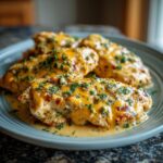 Four pieces of Creamy Ranch Chicken Recipe on a blue plate, topped with melted cheese and herbs.