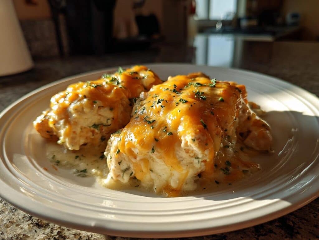 Two pieces of Creamy Ranch Chicken Recipe on a white plate, topped with melted cheese and parsley.