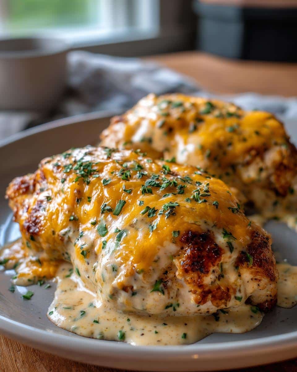Creamy Ranch Chicken Recipe: 4-Ingredient Dinner Win 6 Two pieces of Creamy Ranch Chicken Recipe on a plate, topped with cheese and herbs, and covered in creamy sauce.