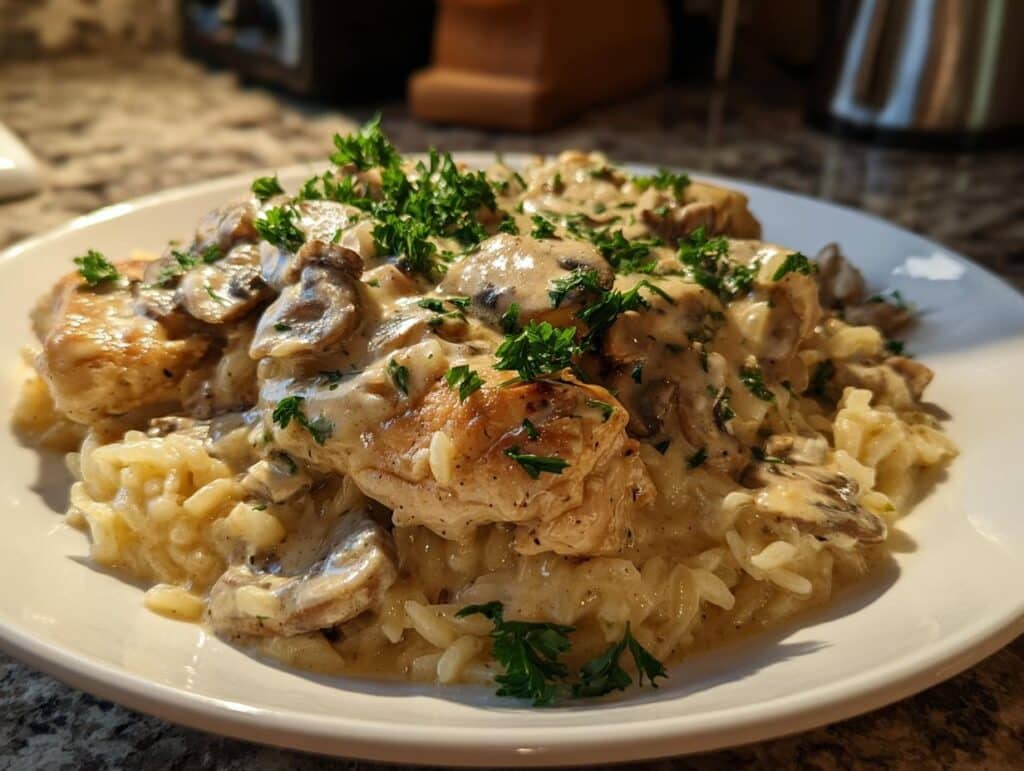 A plate of Creamy Smothered Chicken and Rice, topped with mushrooms and parsley.