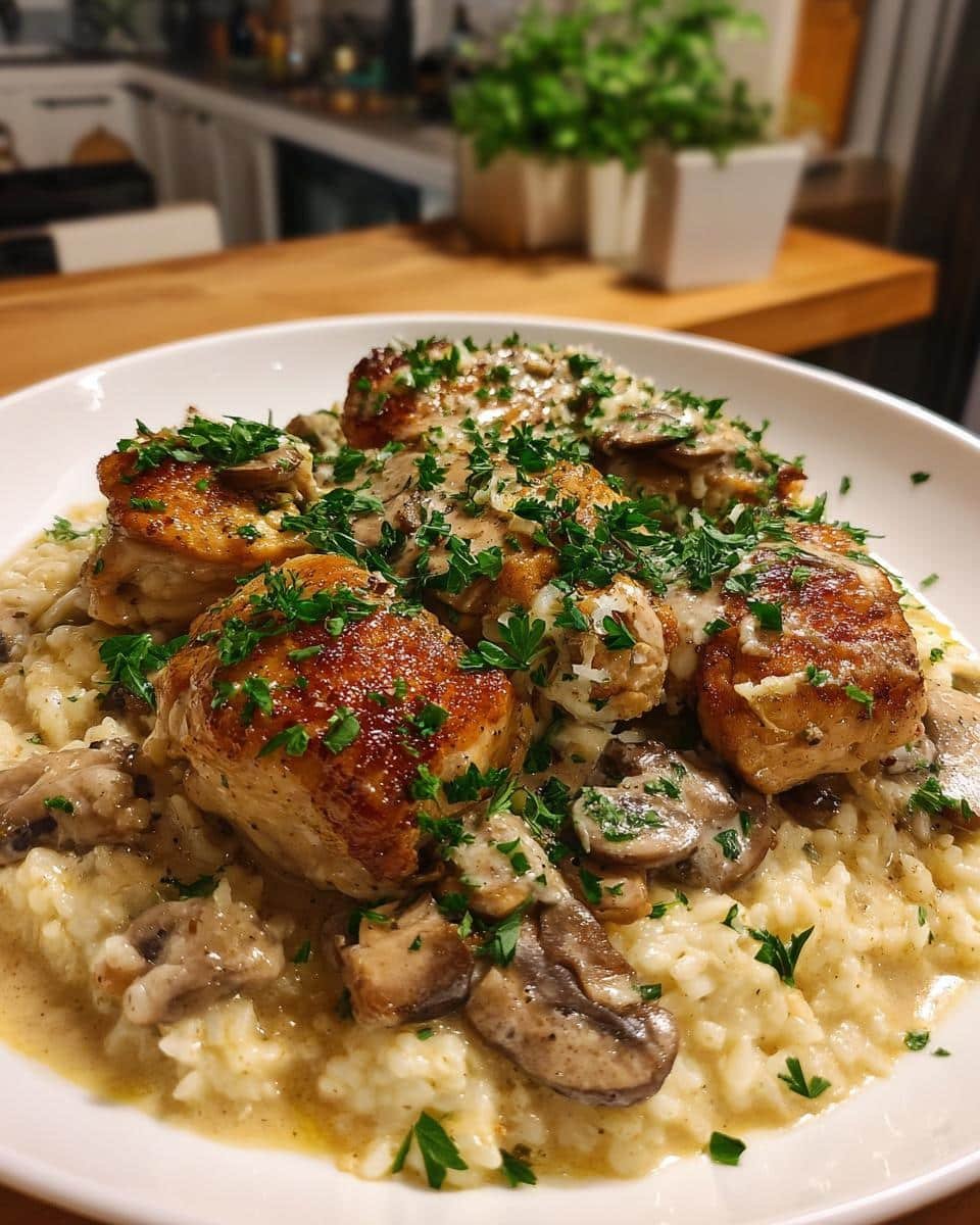 Creamy Smothered Chicken and Rice: Grandma's 4-Step Secret 7 A plate of Creamy Smothered Chicken and Rice, topped with mushrooms and parsley.