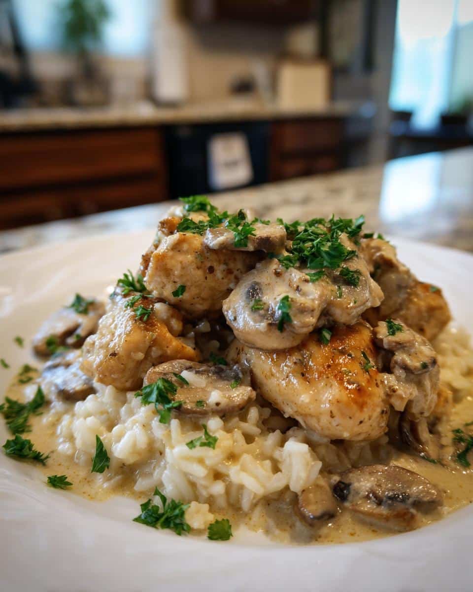 Creamy Smothered Chicken and Rice: Grandma's 4-Step Secret 9 A plate of Creamy Smothered Chicken and Rice with mushrooms and parsley garnish.
