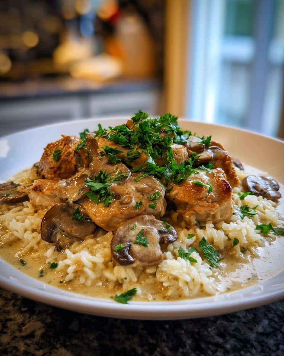 Creamy Smothered Chicken and Rice: Grandma's 4-Step Secret 8 A plate of Creamy Smothered Chicken and Rice, topped with mushrooms and parsley garnish.
