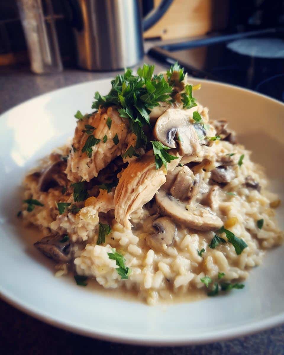 Creamy Smothered Chicken and Rice: Grandma's 4-Step Secret 6 A plate of Creamy Smothered Chicken and Rice topped with mushrooms and fresh parsley.