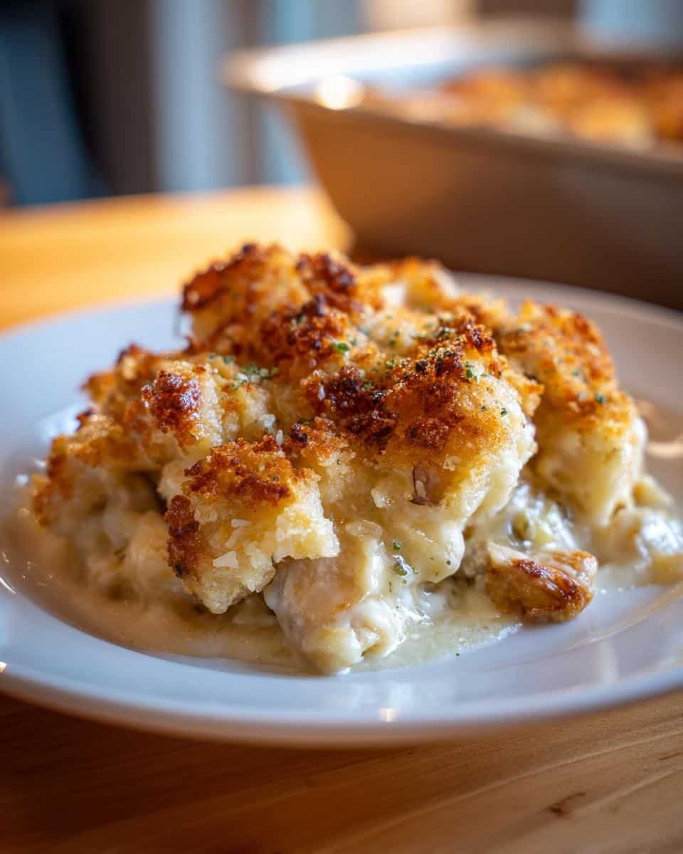 Devastatingly Easy Creamy Swiss Chicken Casserole in 45 8 A serving of Creamy Swiss Chicken Casserole on a white plate, showcasing the creamy sauce and golden-brown topping.