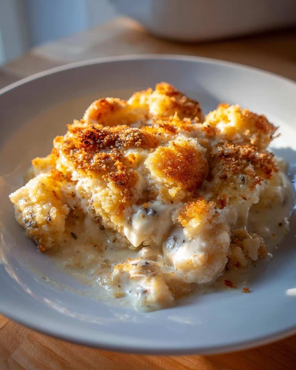 Devastatingly Easy Creamy Swiss Chicken Casserole in 45 9 A single serving of Creamy Swiss Chicken Casserole in a white bowl, featuring a golden-brown topping and creamy sauce.