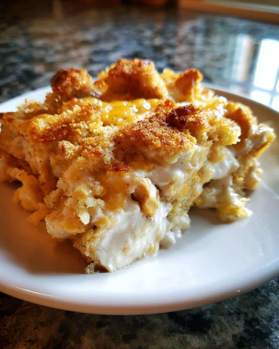 Devastatingly Easy Creamy Swiss Chicken Casserole in 45 6 A slice of Creamy Swiss Chicken Casserole with a golden, crispy topping on a white plate.